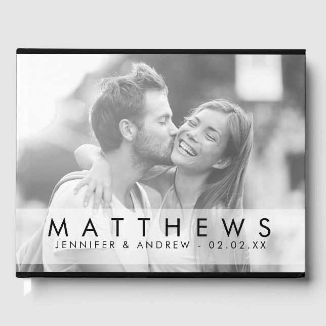 Minimalist Black Modern Photo Wedding Guest Book (Front)