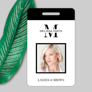 Minimalist Black Monogram Photo Beauty Salon ID Badge