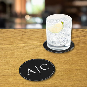 Minimalist Black Monogram Wedding Round Paper Coaster