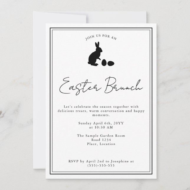 Minimalist Black On White Bunny Easter Brunch Invitation (Front)