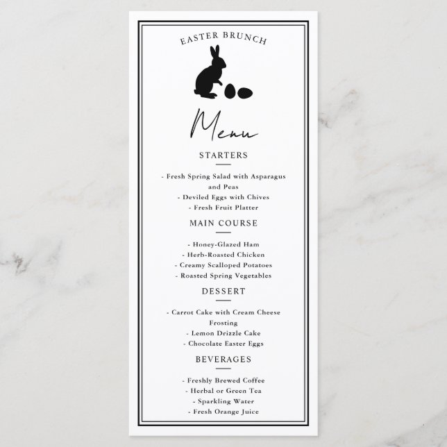 Minimalist Black On White Bunny Modern Easter Menu (Front)