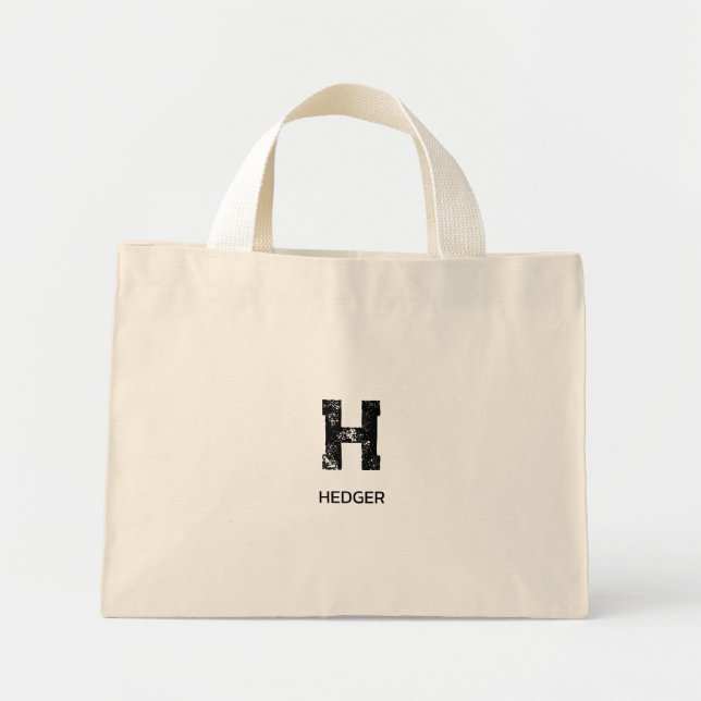 MINIMALIST BLACK ONE LETTER MONOGRAM NAME NATURAL MINI TOTE BAG (Front)
