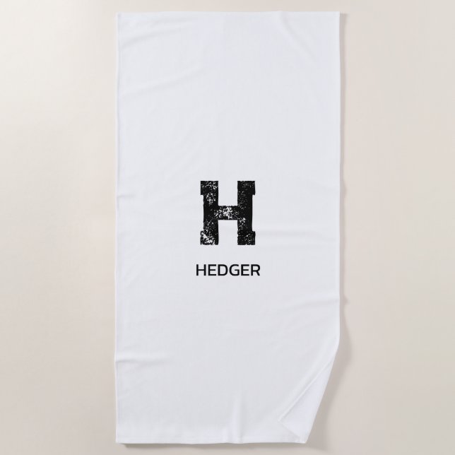 MINIMALIST BLACK ONE LETTER MONOGRAM NAME WHITE BEACH TOWEL (Front)