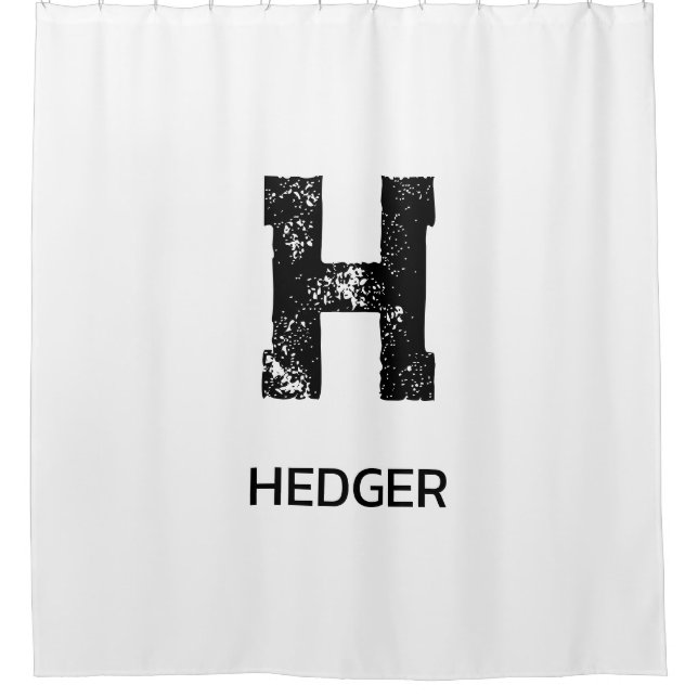 MINIMALIST BLACK ONE LETTER MONOGRAM NAME WHITE SHOWER CURTAIN (Front)