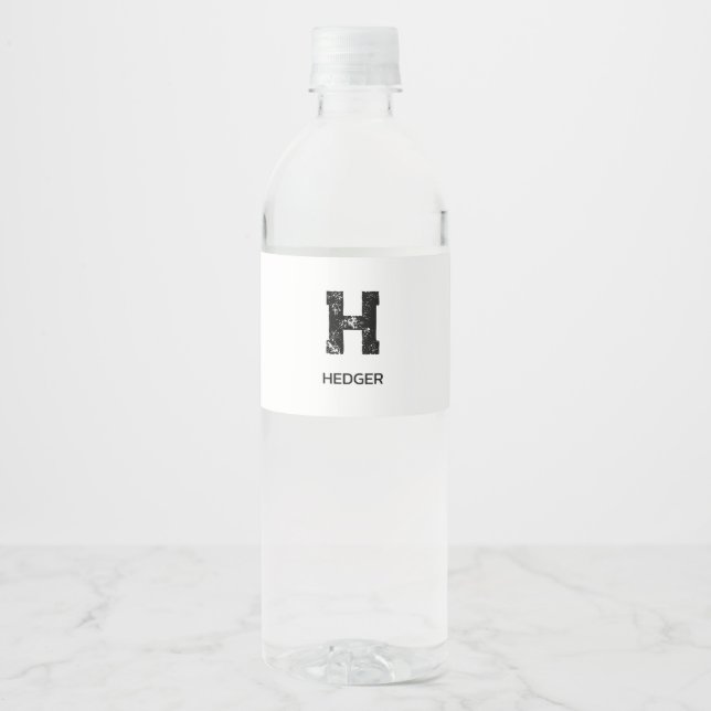 MINIMALIST BLACK ONE LETTER MONOGRAM NAME WHITE WATER BOTTLE LABEL (Front)