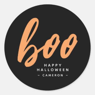 Minimalist Black & Orange Boo Halloween Classic Round Sticker