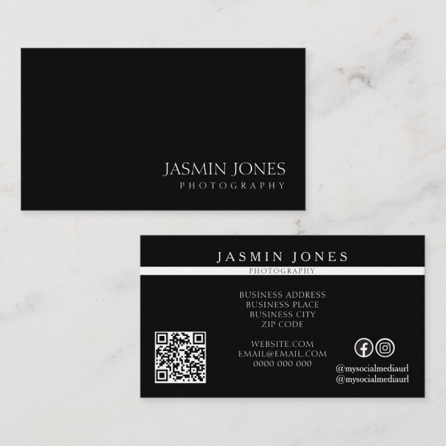 Minimalist Black Photography QR Code Business Card (Front/Back)