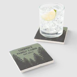 Minimalist black pine tree silhouette stone coaster