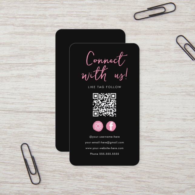 Minimalist Black Pink Qr Code Connect With Us Business Card (Front/Back In Situ)