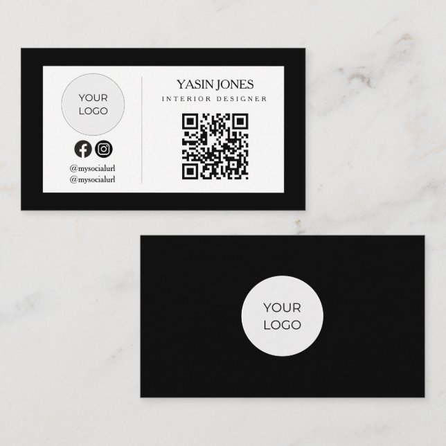 Minimalist Black QR Code Social Logo Business Card (Front/Back)