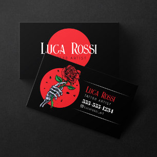 Minimalist Black, Red Rose Tattoo Artist Shop Business Card