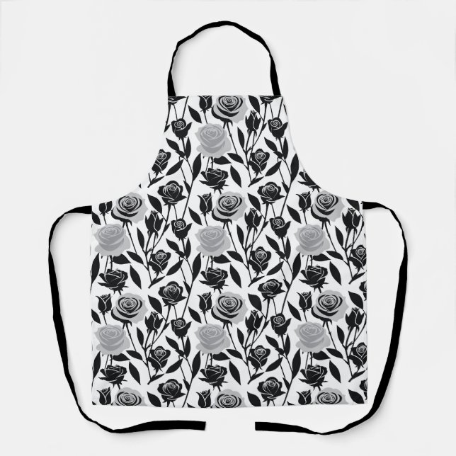 Minimalist Black Roses With Light Gray Stems  Apron (Front)