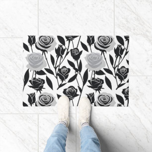 Minimalist Black Roses With Light Grey Stems Doormat