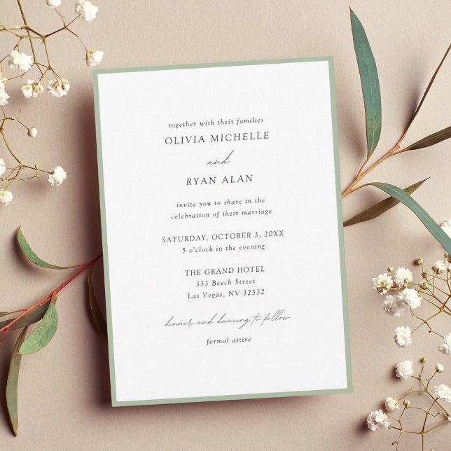Minimalist Black & Sage Green Border Invitation (Modern Minimal Sage Green Wedding Invitation 
)