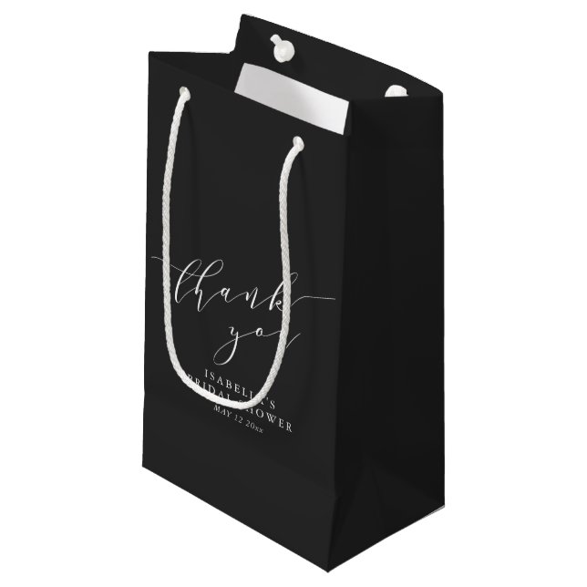 Minimalist Black Script Bridal Shower Thank You Small Gift Bag (Front Angled)