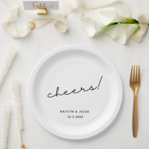 Minimalist Black Script Custom Cheers Wedding Paper Plate