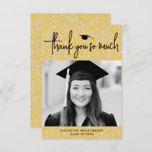 Minimalist Black Script Gold Glitter Photo GRAD Thank You Card