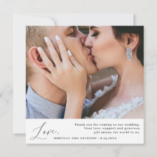 Minimalist Black Script Love Thanks Wedding Photo Thank You Card