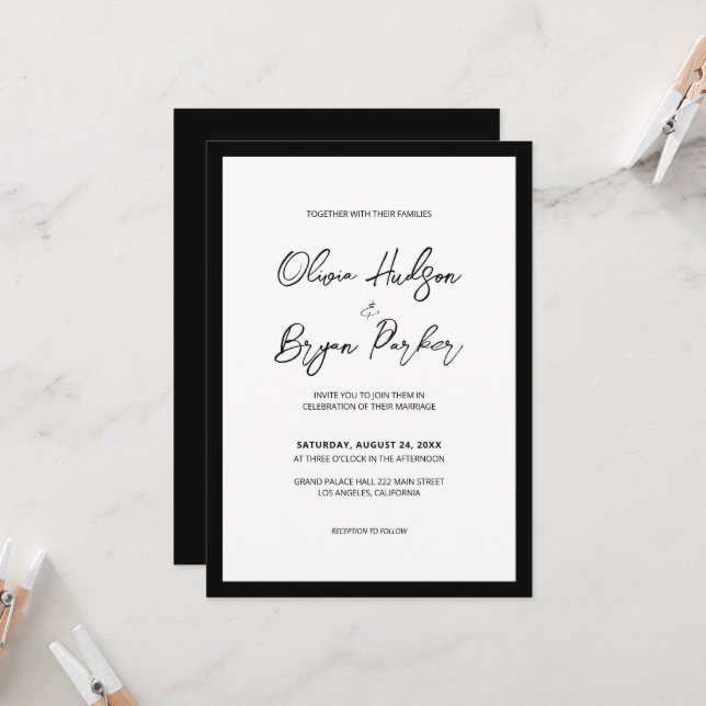 Minimalist Black Script White Background Wedding Invitation (Front/Back In Situ)