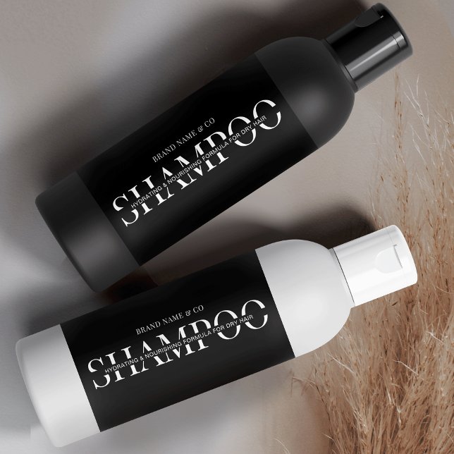 Minimalist Black Shampoo Shower Gel Product Label (Stylish skincare packaging design featuring serif fonts, simple layout on black background)