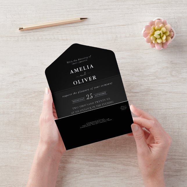 Minimalist Black Silver Foil Wedding QR Code All In One Invitation (Video)