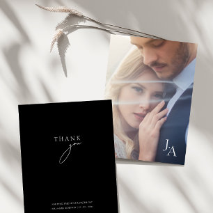 Minimalist Black Simple Script Photo Wedding Thank You Card