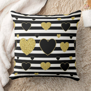 Minimalist Black Stripe Gold Heart Pattern Cushion