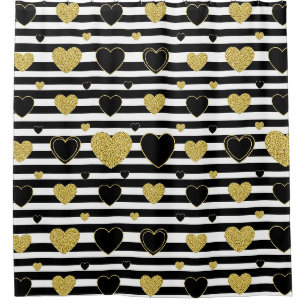 Minimalist Black Stripe Gold Heart Pattern Shower Curtain