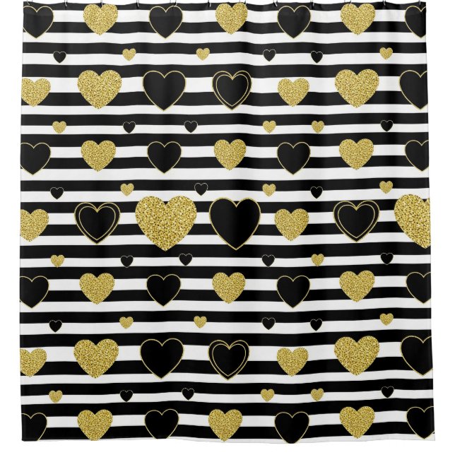 Minimalist Black Stripe Gold Heart Pattern Shower Curtain (Front)