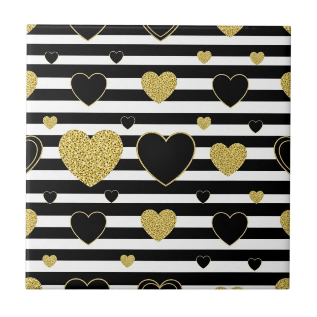 Minimalist Black Stripe Gold Heart Pattern Tile (Front)