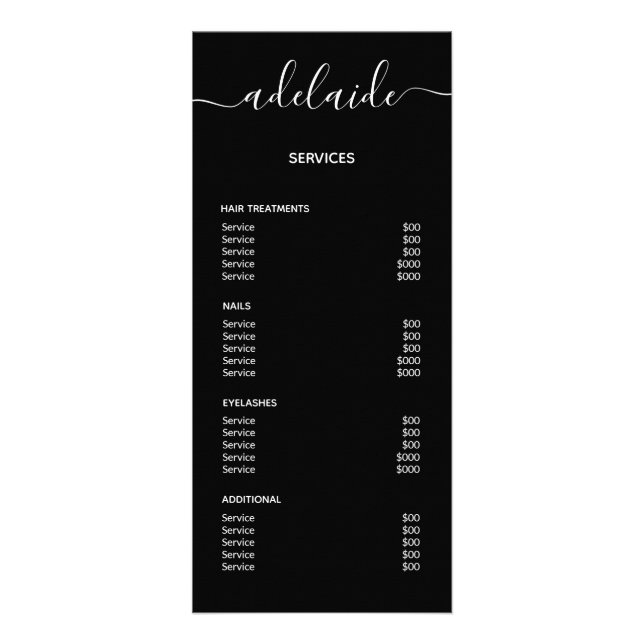 Minimalist Black Stylist Price List Service Menu (Back)