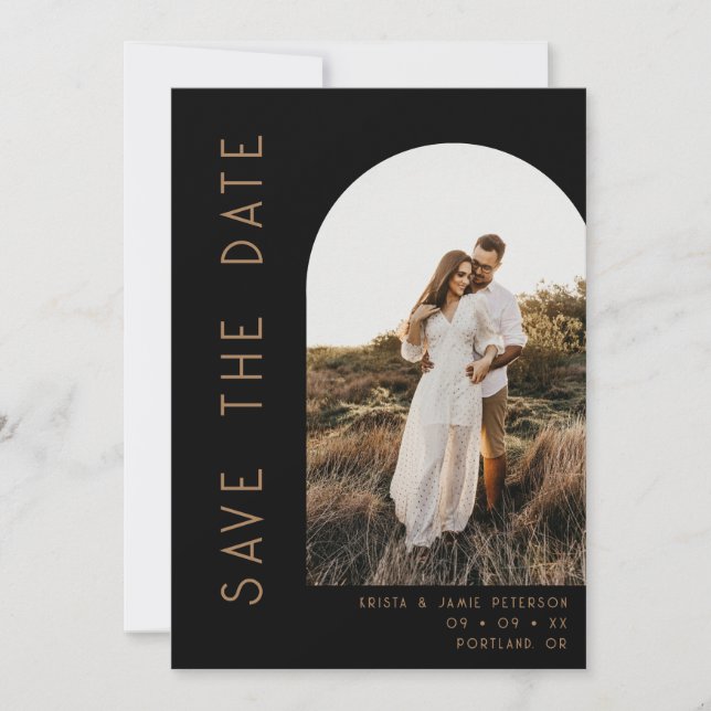 Minimalist Black & Tan Arch Photo QR Code Wedding Save The Date (Front)