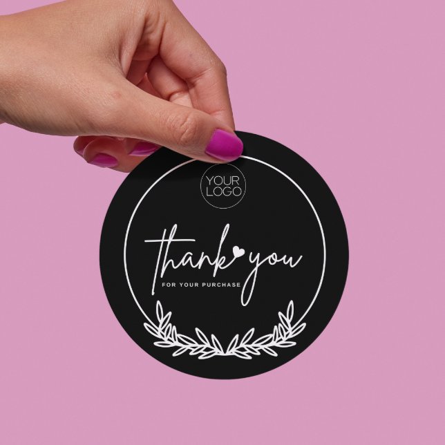 Minimalist Black Thank You Custom Logo Business Classic Round Sticker (Creator Uploaded)