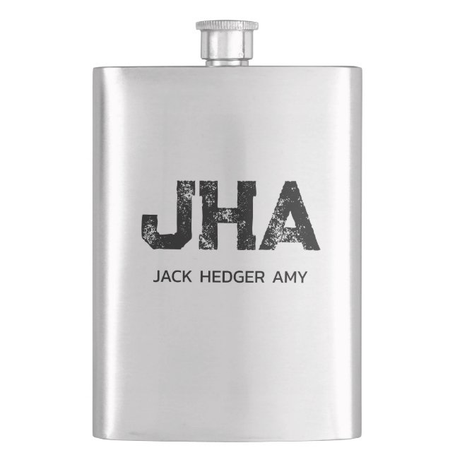 MINIMALIST BLACK THREE LETTER MONOGRAM NAME ASH HIP FLASK (Front)