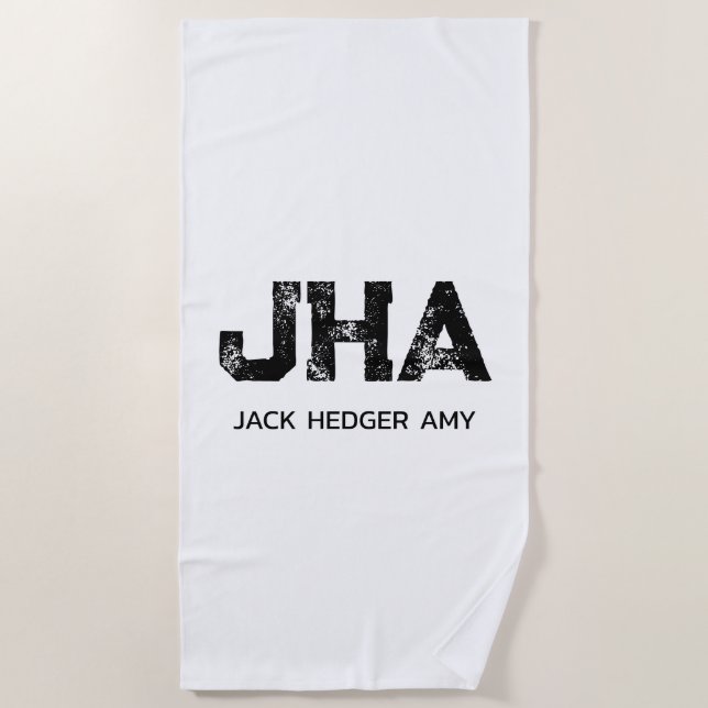 MINIMALIST BLACK THREE LETTER MONOGRAM NAME WHITE BEACH TOWEL (Front)