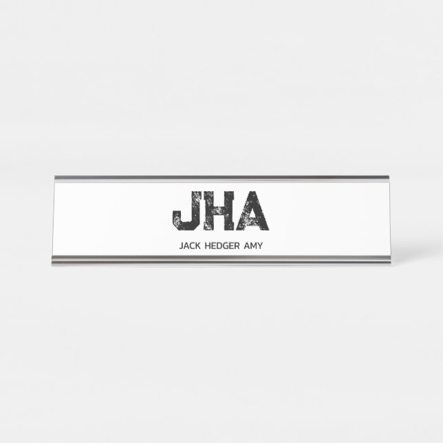 MINIMALIST BLACK THREE LETTER MONOGRAM NAME WHITE DESK NAME PLATE (Front)
