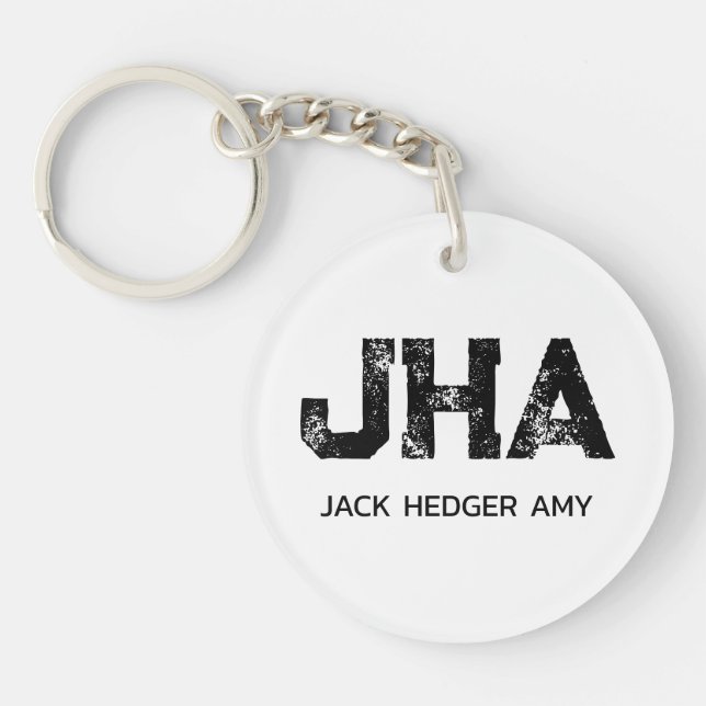 MINIMALIST BLACK THREE LETTER MONOGRAM NAME WHITE KEY RING (Front)