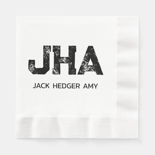 MINIMALIST BLACK THREE LETTER MONOGRAM NAME WHITE NAPKIN (Front)