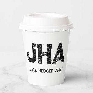 MINIMALIST BLACK THREE LETTER MONOGRAM NAME WHITE PAPER CUPS