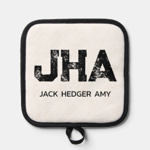 MINIMALIST BLACK THREE LETTER MONOGRAM NAME WHITE POT HOLDER