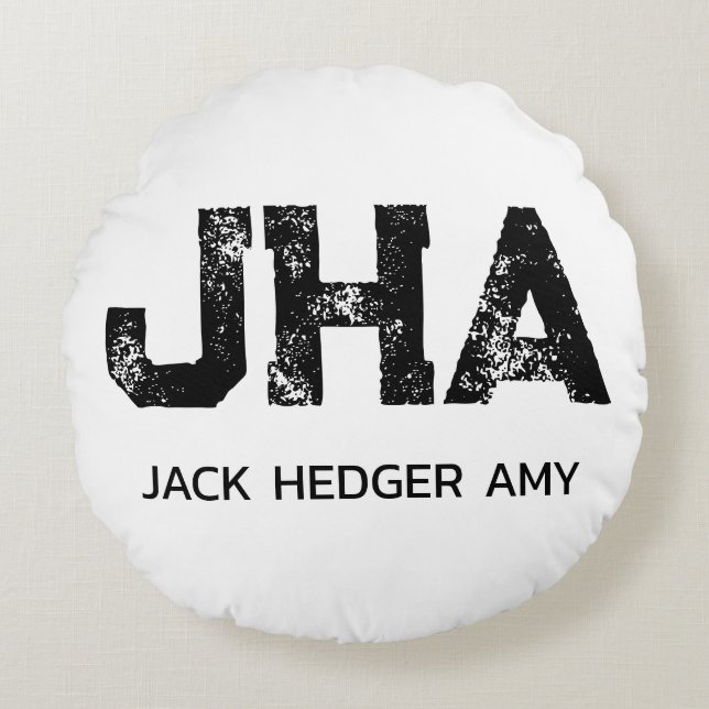 MINIMALIST BLACK THREE LETTER MONOGRAM NAME WHITE ROUND CUSHION (Front)
