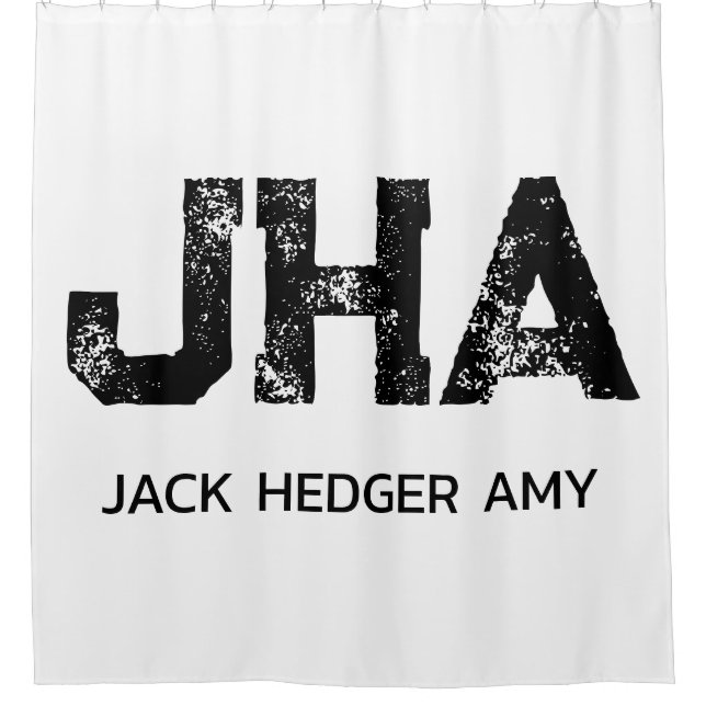 MINIMALIST BLACK THREE LETTER MONOGRAM NAME WHITE SHOWER CURTAIN (Front)