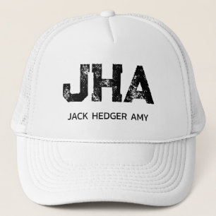 MINIMALIST BLACK THREE LETTER MONOGRAM NAME WHITE TRUCKER HAT