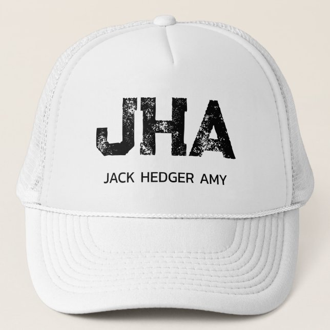 MINIMALIST BLACK THREE LETTER MONOGRAM NAME WHITE TRUCKER HAT (Front)