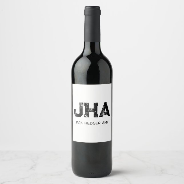 MINIMALIST BLACK THREE LETTER MONOGRAM NAME WHITE WINE LABEL (Front)