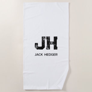 MINIMALIST BLACK TWO LETTER MONOGRAM NAME WHITE BEACH TOWEL