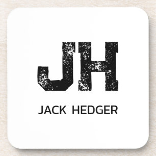 MINIMALIST BLACK TWO LETTER MONOGRAM NAME WHITE COASTER