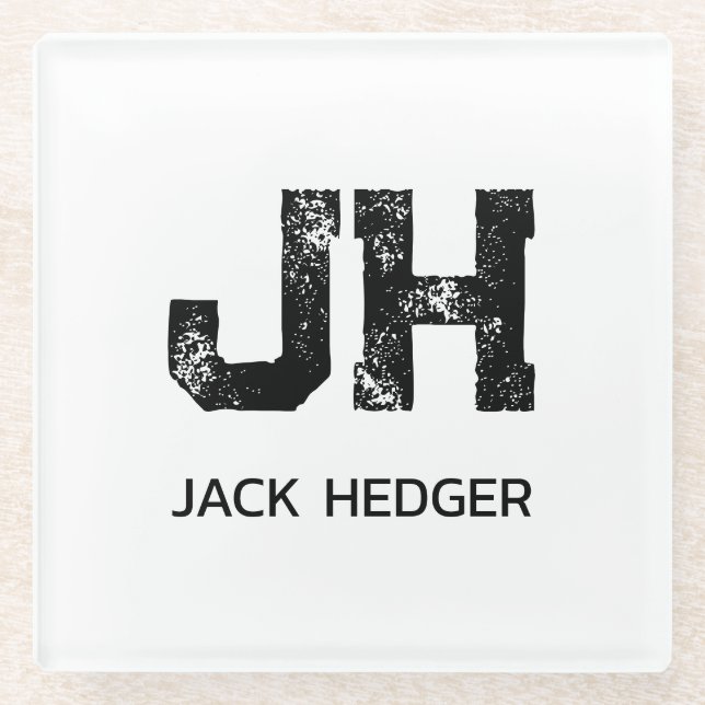 MINIMALIST BLACK TWO LETTER MONOGRAM NAME WHITE GLASS COASTER (Front)