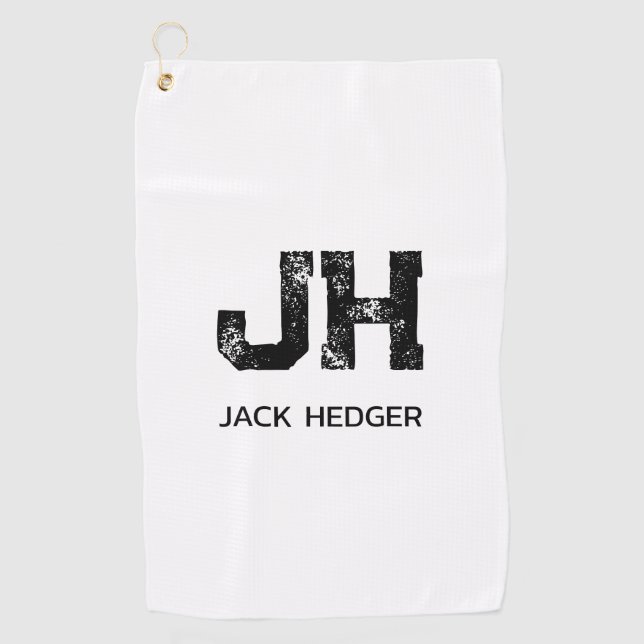 MINIMALIST BLACK TWO LETTER MONOGRAM NAME WHITE GOLF TOWEL (Front)