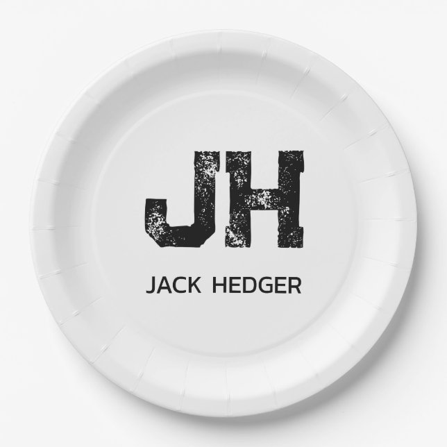 MINIMALIST BLACK TWO LETTER MONOGRAM NAME WHITE PAPER PLATE (Front)